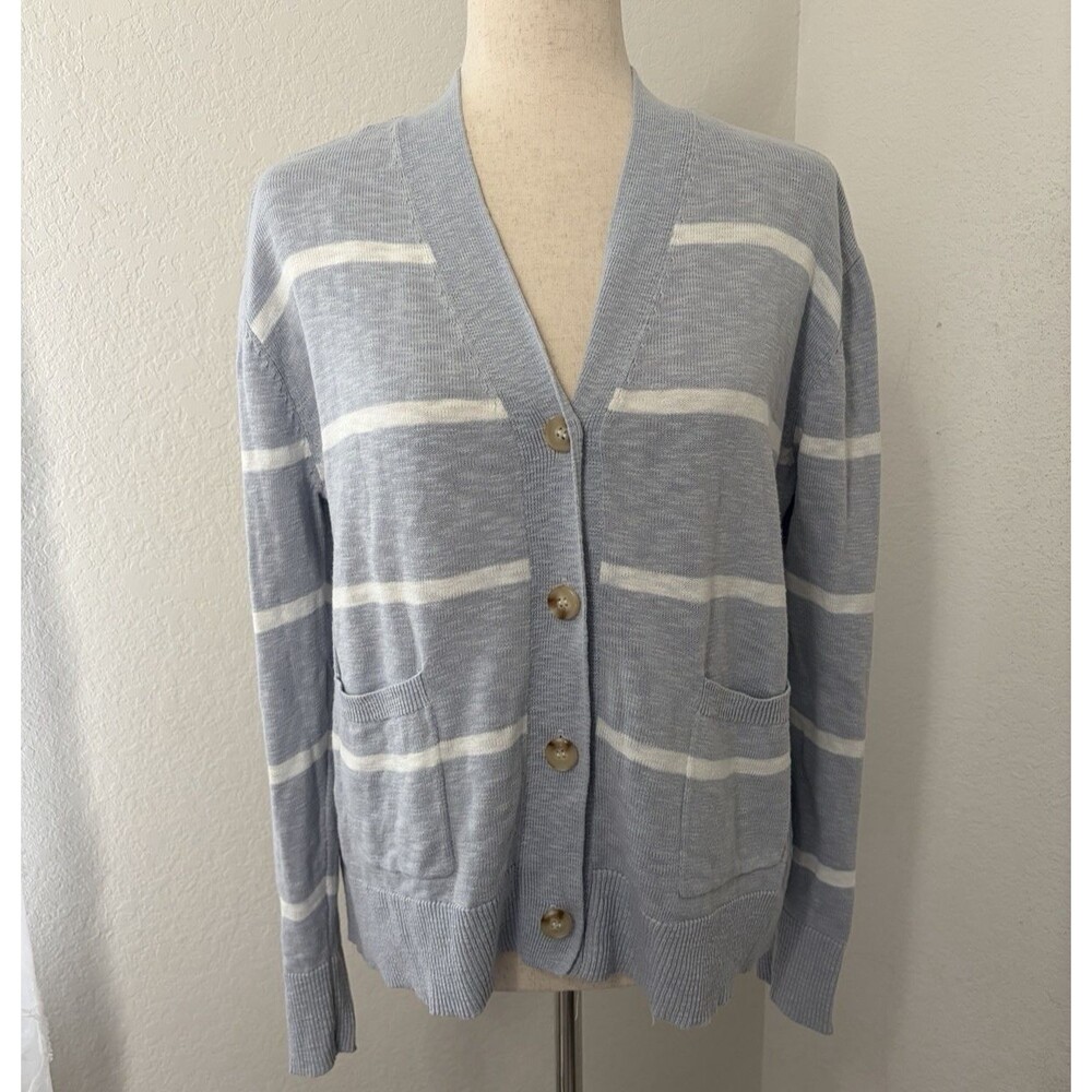 Becool Women’s M/L Light Blue White Stripe Knit Cardigan Sweater Preppy Neutral